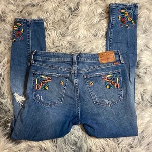 Lucky brand floral embroidered distressed, jeans size 0, waist, 25